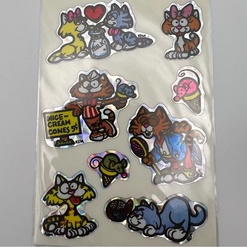 Vintage 80s Shiny Prism Cats KEM Sticker Sheet Rare!
